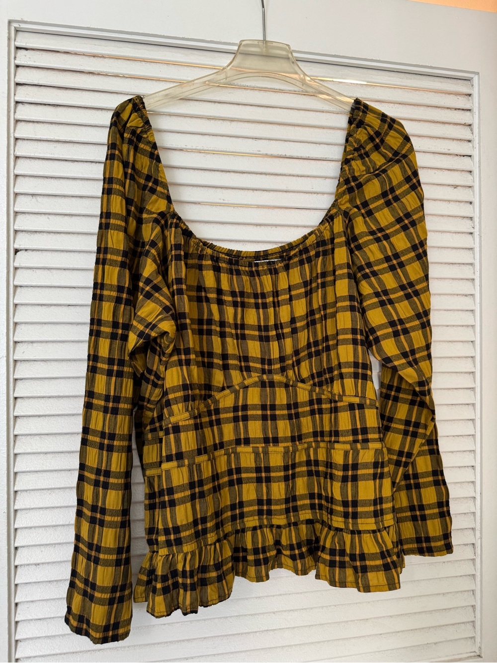 Mustard Plaid Square-Neck Peasant Blouse